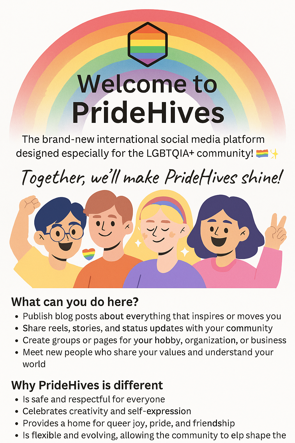 Promotional illustration for PrideHives, an international LGBTQIA+ social media platform. Features diverse queer characters smiling under a rainbow arc with the PrideHives logo and the text ‘Welcome to PrideHives — a safe, creative, and inclusive online community
