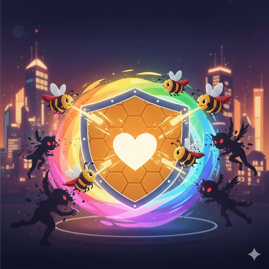 Visueel voor de forumdiscussie over trollen. Een groep mensen in Pride- en Transgenderkleuren houdt elkaars hand vast voor een gloeiende kluisdeur in regenboogkleuren, wat de veilige haven van Pridehives voor de LGBTQIA+ community symboliseert.