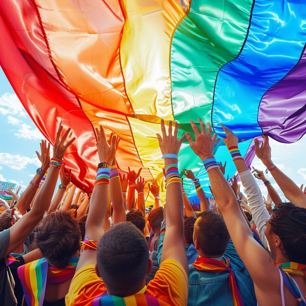 Regenbooggekleurde handen die een Pridehives community symbool vormen, wat de veilige haven voor de gay, lesbische, transgender en queer gemeenschap benadrukt.