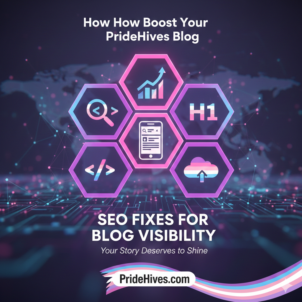 Digital graphic showing SEO icons such as search, analytics, H1 tags, code, and cloud upload in PrideHives colors, representing tips to boost blog visibility.