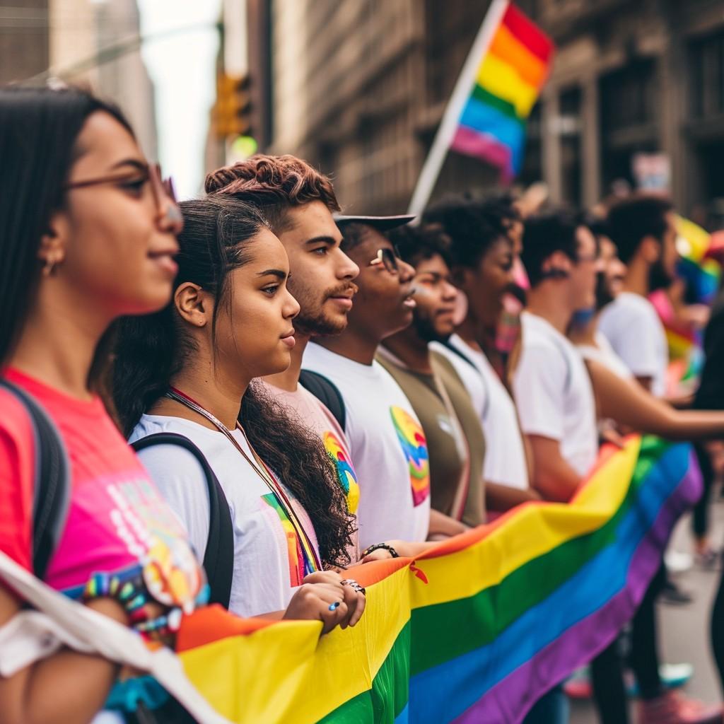 Een diverse groep LGBTQIA+ personen die veilig online verbinding maken, symboliseert digitale bescherming en community op PrideHives.