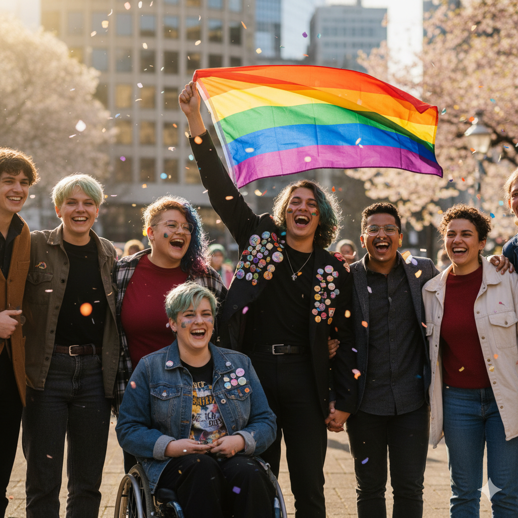 Photorealistic image of a diverse group of happy, queer people celebrating in the spring sunshine. A laughing young person in a wheelchair is prominent in the foreground. The central figure is triumphantly waving a rainbow Pride flag in an urban square as colorful confetti floats through the air. The group radiates joy, diversity, and inclusivity during a Pride event or celebration. Ideal representation of happiness, friendship, and the LGBTQIA+ community.