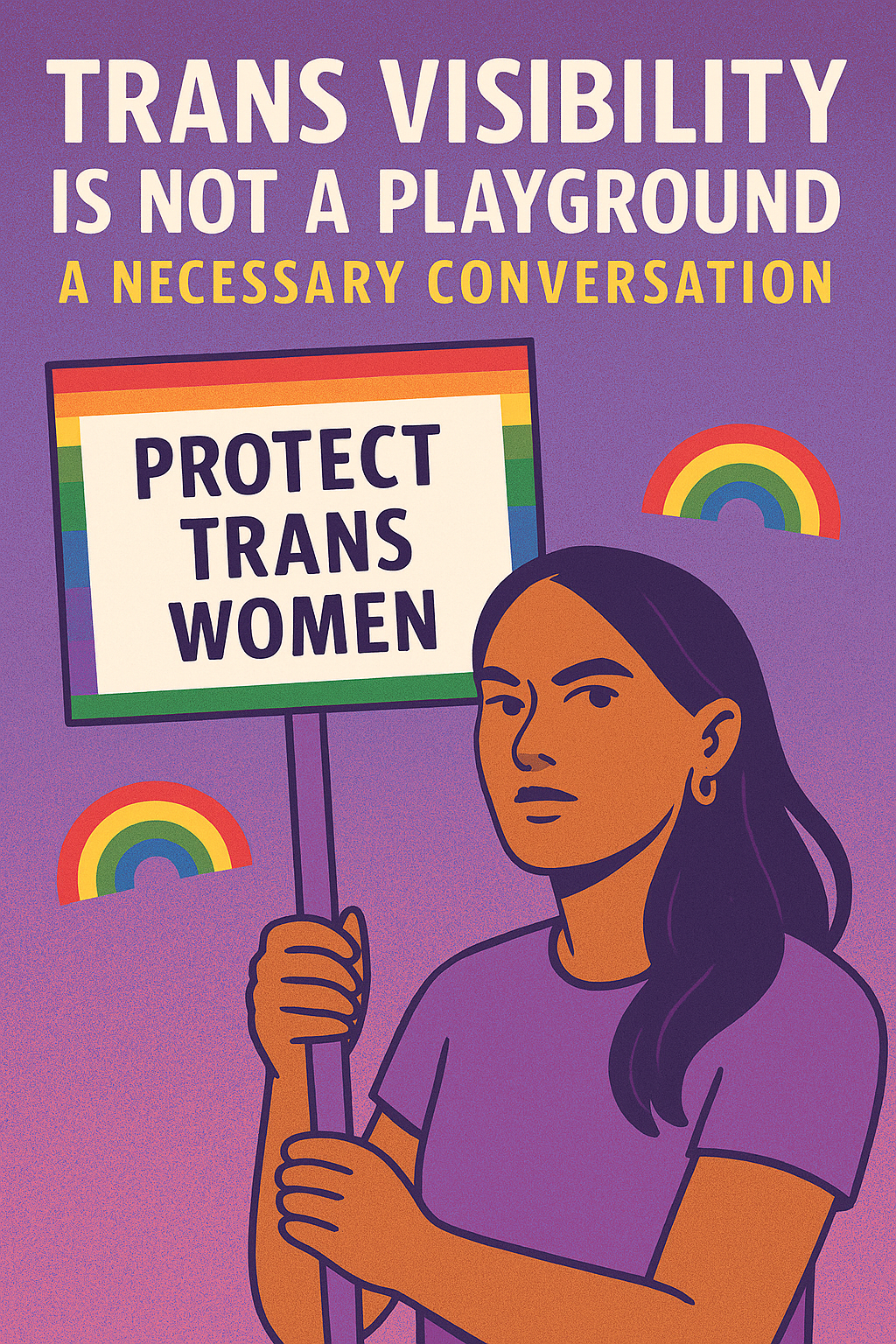 Graphic showing the phrase ‘Trans Visibility Is Not a Playground’ with a bold LGBTQIA+ themed design, representing protection of real trans women and a call for accountability against misuse of transgender identity