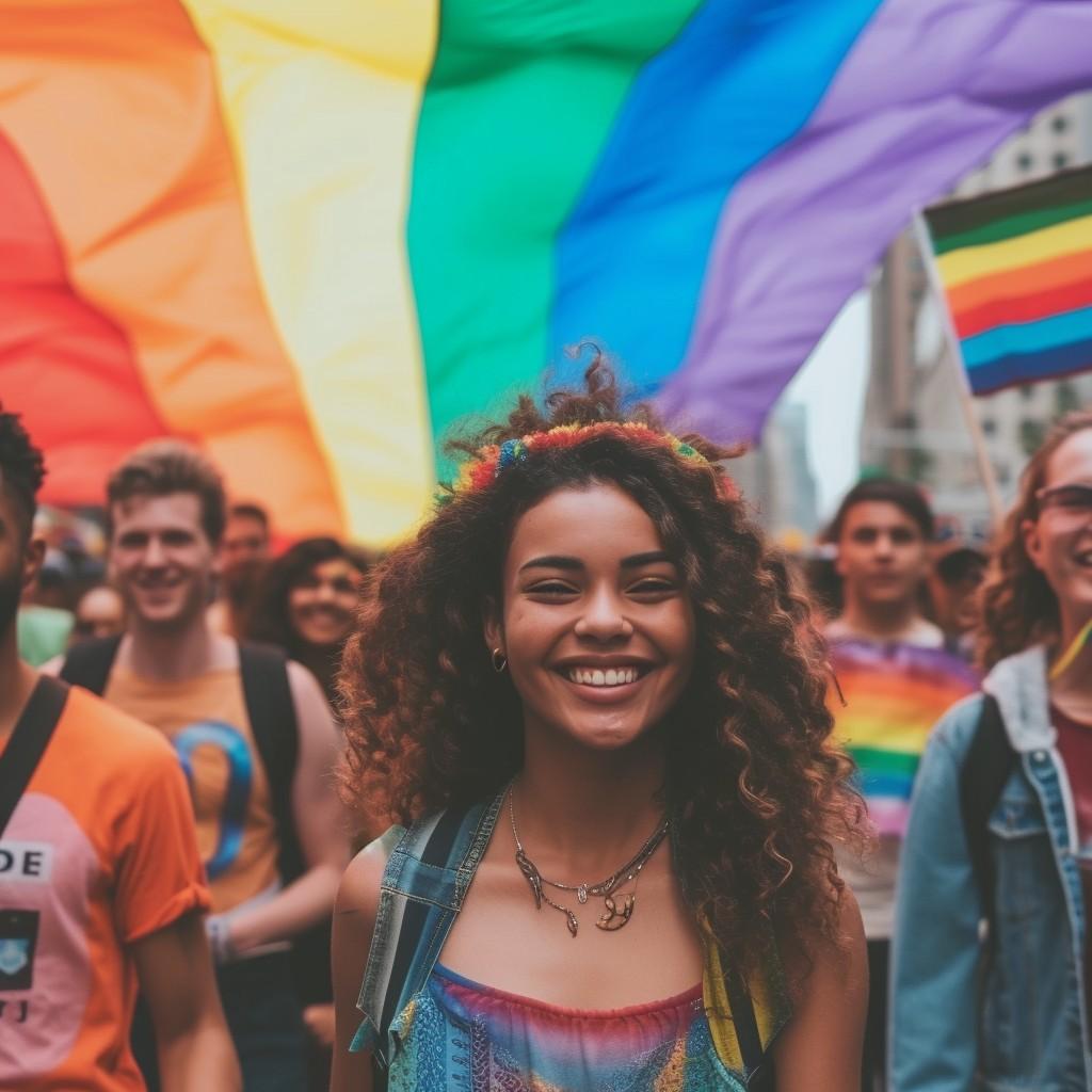 Lachende jonge vrouw tijdens een kleurrijke Pride-parade met grote regenboogvlag en LGBTQIA+ community op de achtergrond.
