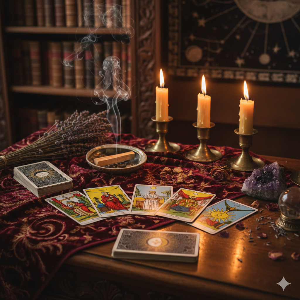 Een prachtig verlichte, warme en mystieke altaaropstelling met een prominente tarotkaart-legging. Het altaar is gemaakt van donker, gesneden hout en gedrapeerd met een rijke, bordeauxrode fluwelen doek. Drie lange, gouden kandelaars houden brandende bijenwaskaarsen vast, die een zachte, flikkerende gloed werpen. Wierookrook krult omhoog uit een kleine messing schaal. De tarot-legging is het Keltische Kruis, met levendige, gedetailleerde kaarten. Rondom de legging liggen natuurlijke elementen zoals een kleine amethistcluster, een heldere kwartssfeer, gedroogde lavendelbundels en verspreide rozenblaadjes. De achtergrond is een schemerige bibliotheek of studeerkamer met antieke boekenplanken