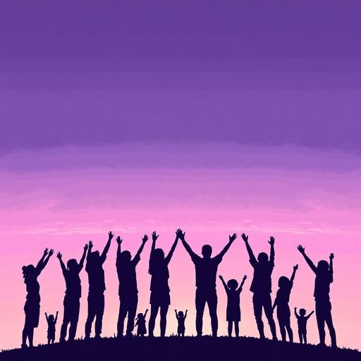 Groep diverse silhouetten van volwassenen en kinderen met opgeheven armen tegen een paarse lucht, als symbool voor Pride, Paarse Vrijdag, acceptatie en veilige zichtbaarheid.
