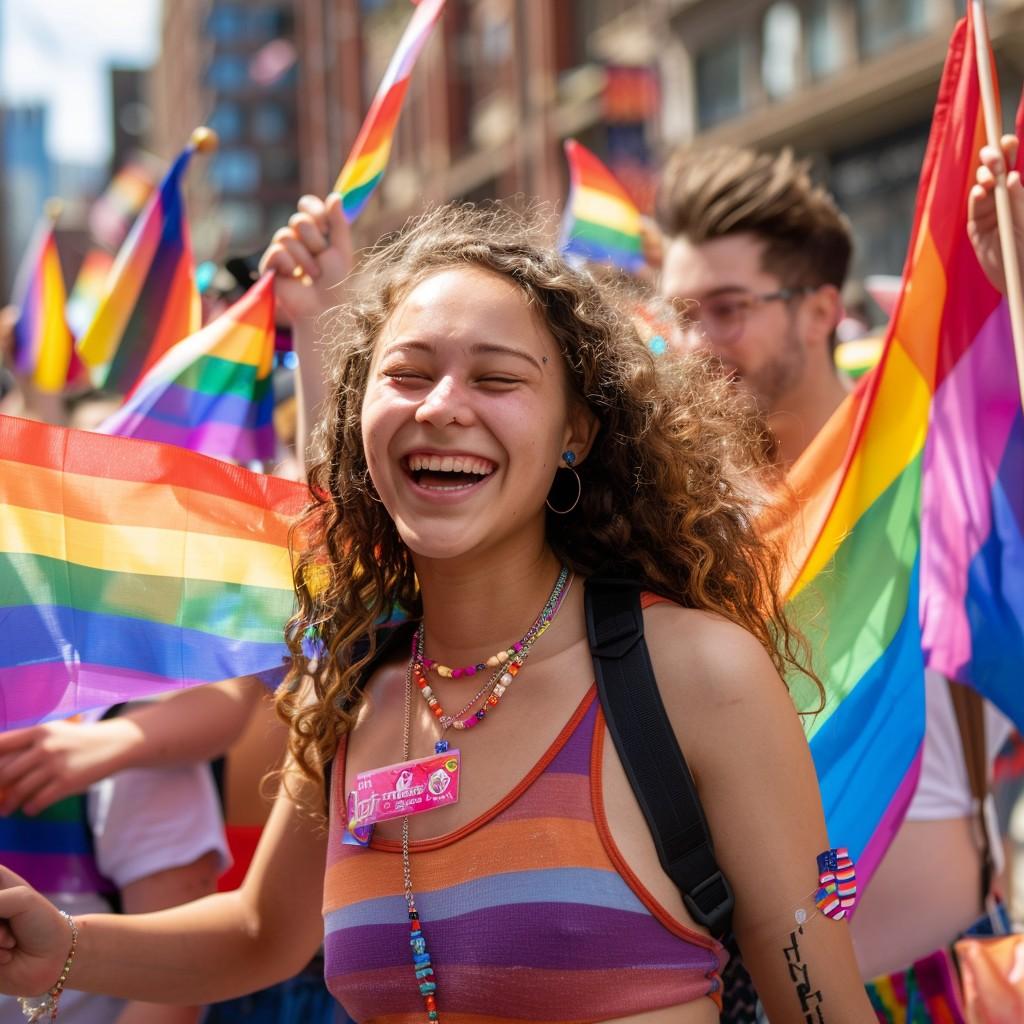 Joyful young woman laughing in close-up during Pride Parade holding rainbow flags.