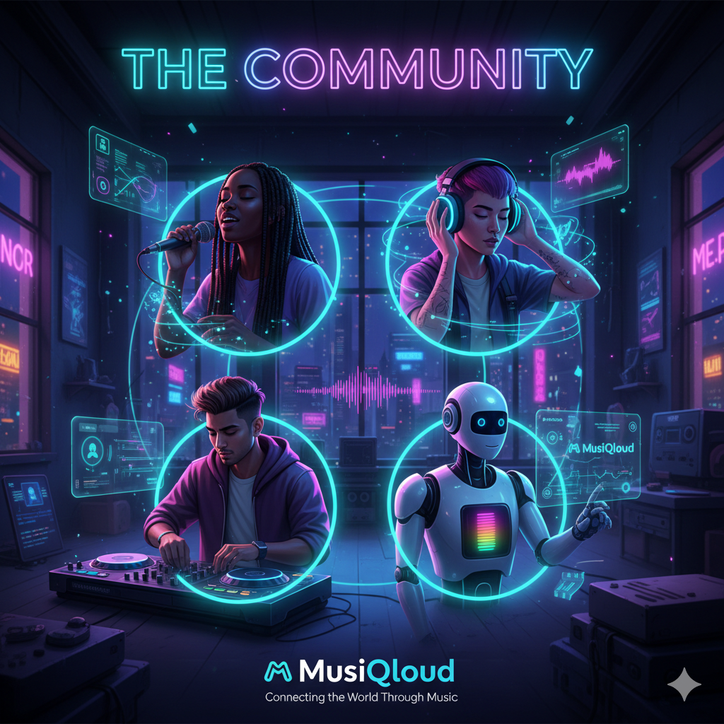 Diverse MusiQloud social network community featuring DJs, vocalists, and AI artists connected through music