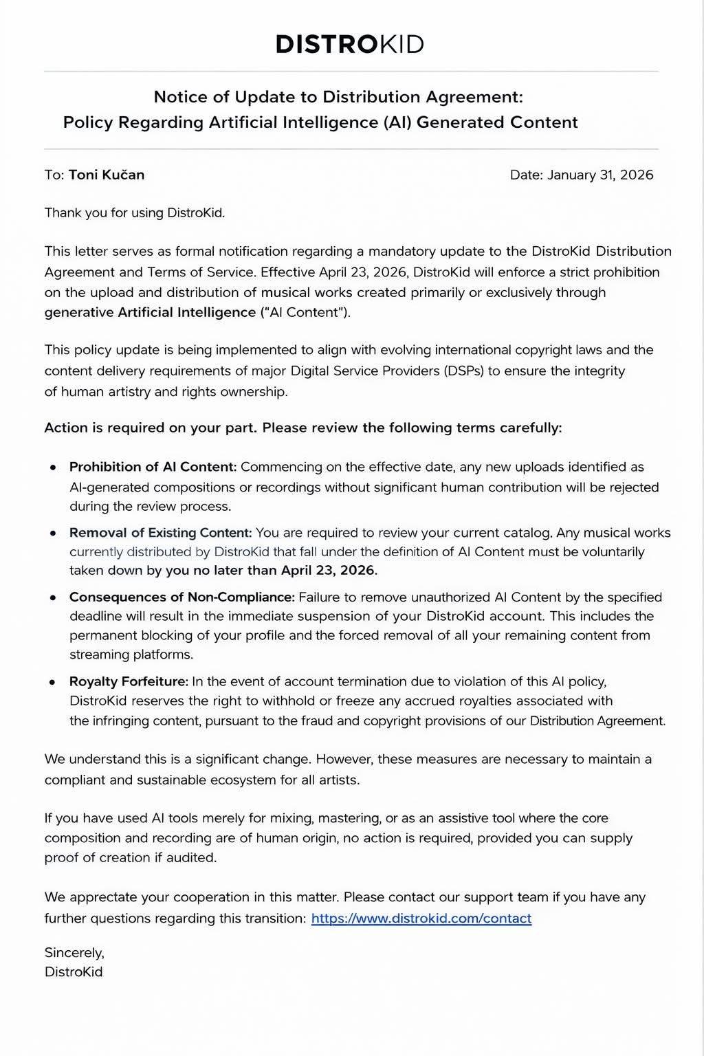 Screenshot of a viral message claiming DistroKid will ban AI-generated music in 2026, shared in an online AI music community. The notice appears official but has been identified as false.