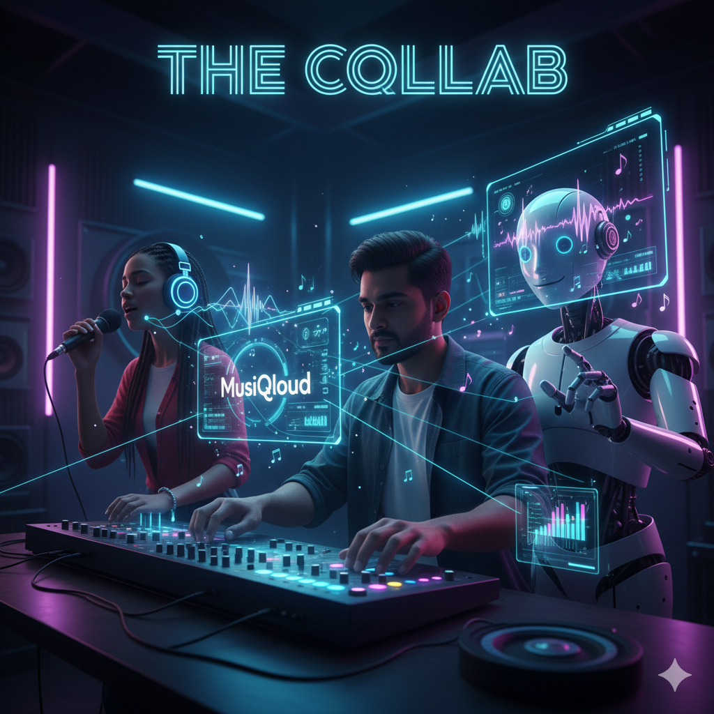 MusiQloud platform for collaboration between human music producers and AI creators in a futuristic neon studio